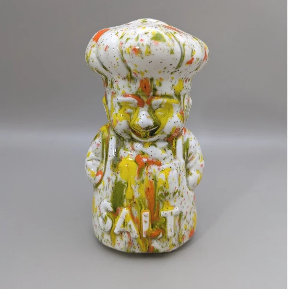 Vintage Chef Salt Pepper Cheese Shaker Set Splatter‎ Drip Glaze Multicolor 3pc